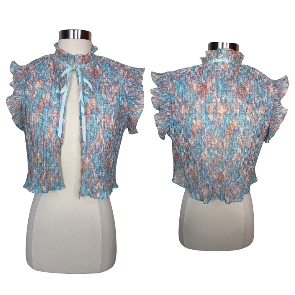 Vintage Coquette Floral Pleated Dainty Pastel Spring Tie Mockneck Lingerie Top